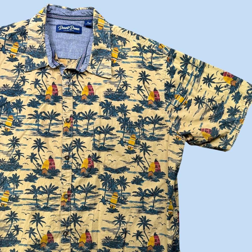Desert‎ Dunes Living Life Tropical Surfboard Aloha Shirt Mens 2X Yellow Cotton